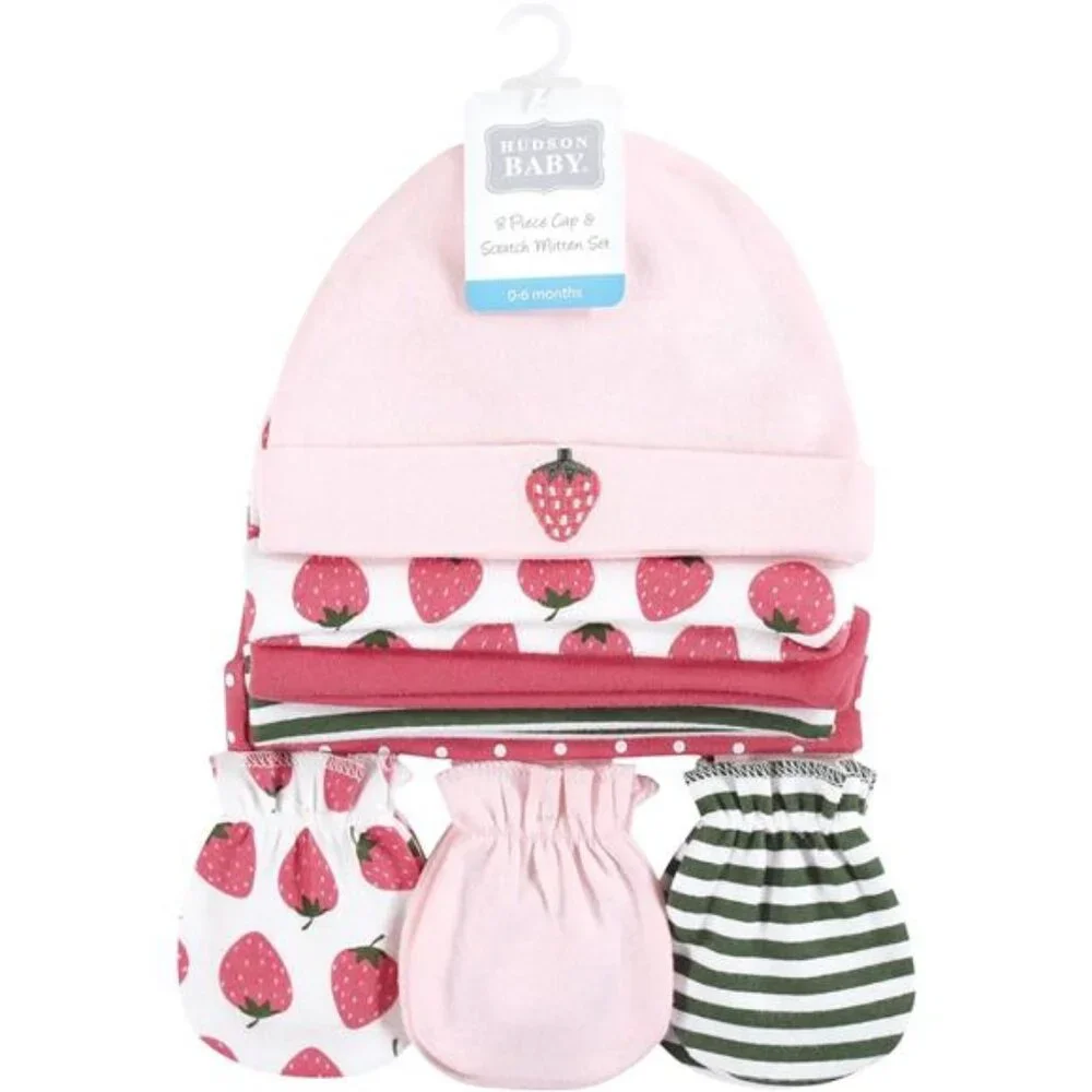 Baby Strawberry Pink Unisex Baby‎ Cotton Cap and Scratch Mitten Set for Girls